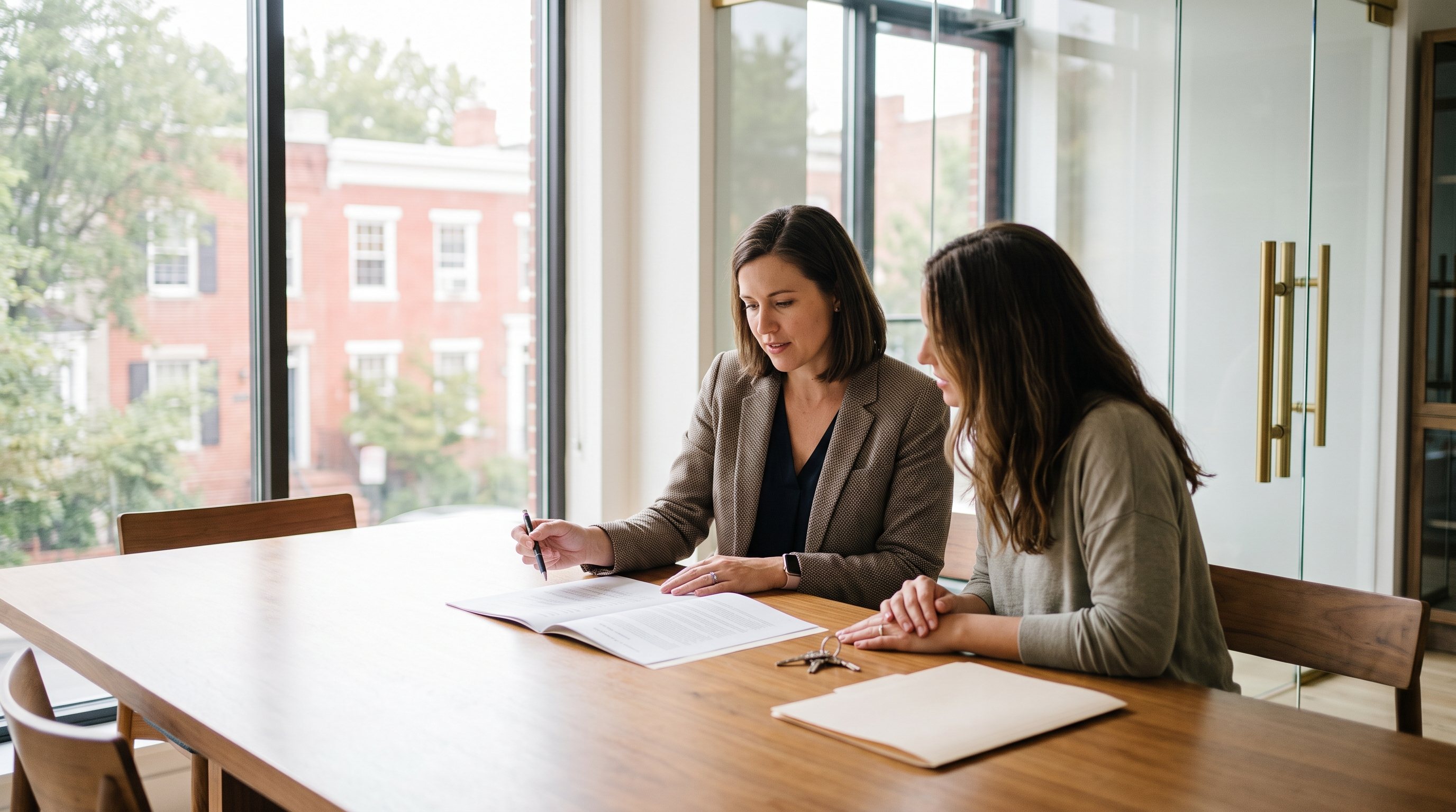 A settlement officer and a homeowner review a deed together at a wooden table beside a window overlooking Baltimore rowhouses